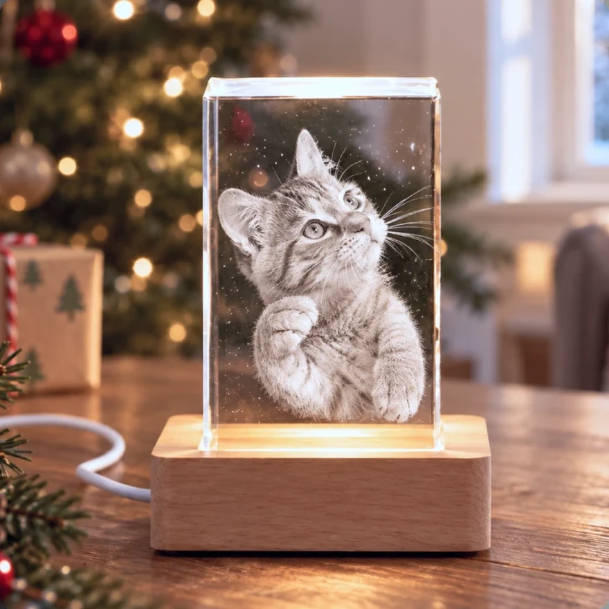 Claus Keepsakes Living Memory Crystal 3D laser-etched portrait on wooden LED base